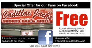 Cadillac Jacks Sports Bar and Restaurant Facebook coupon